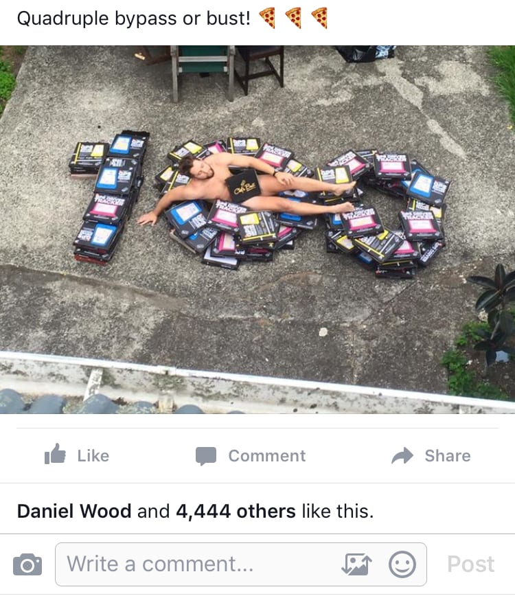 Quadruple bypass or bust! A photo tribute on the Domino's Pizza Facebook page for the pizza bulking stunt