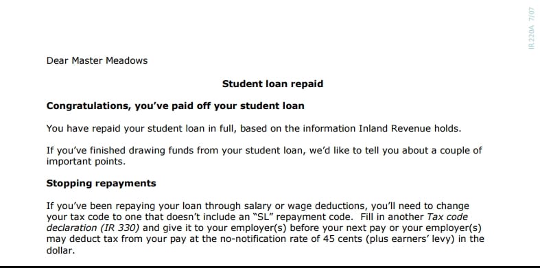 Letter from the tax department: Dear Master Meadows, congratulations! You've paid off your student loan.
