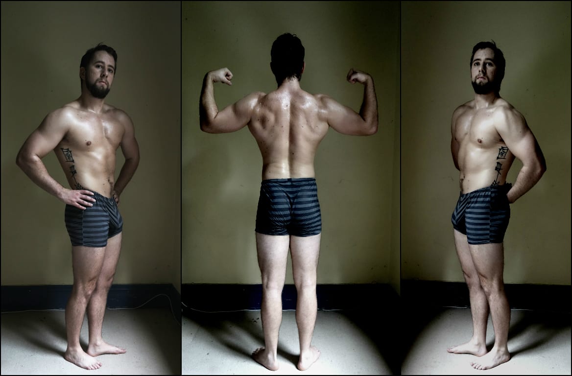 Posing in my undies, showing off the pizza diet gains.