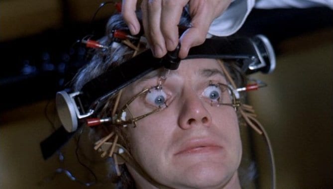 A Clockwork Orange: Alex has his eyes clamped open.
