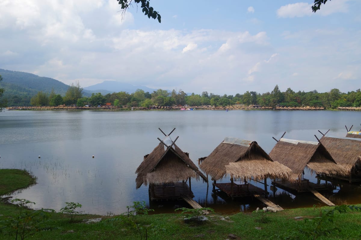 Thatched huts on the shores of the Huay Tung Tao lake..