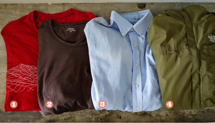 Minimalist travel packing list: Merino short and long-sleeve T, Oxford shirt, shell jacket