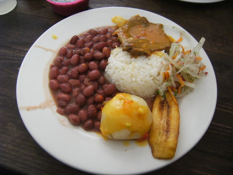 Food in Colombia: beans, rice, potato, meat, plantain, token vegetable