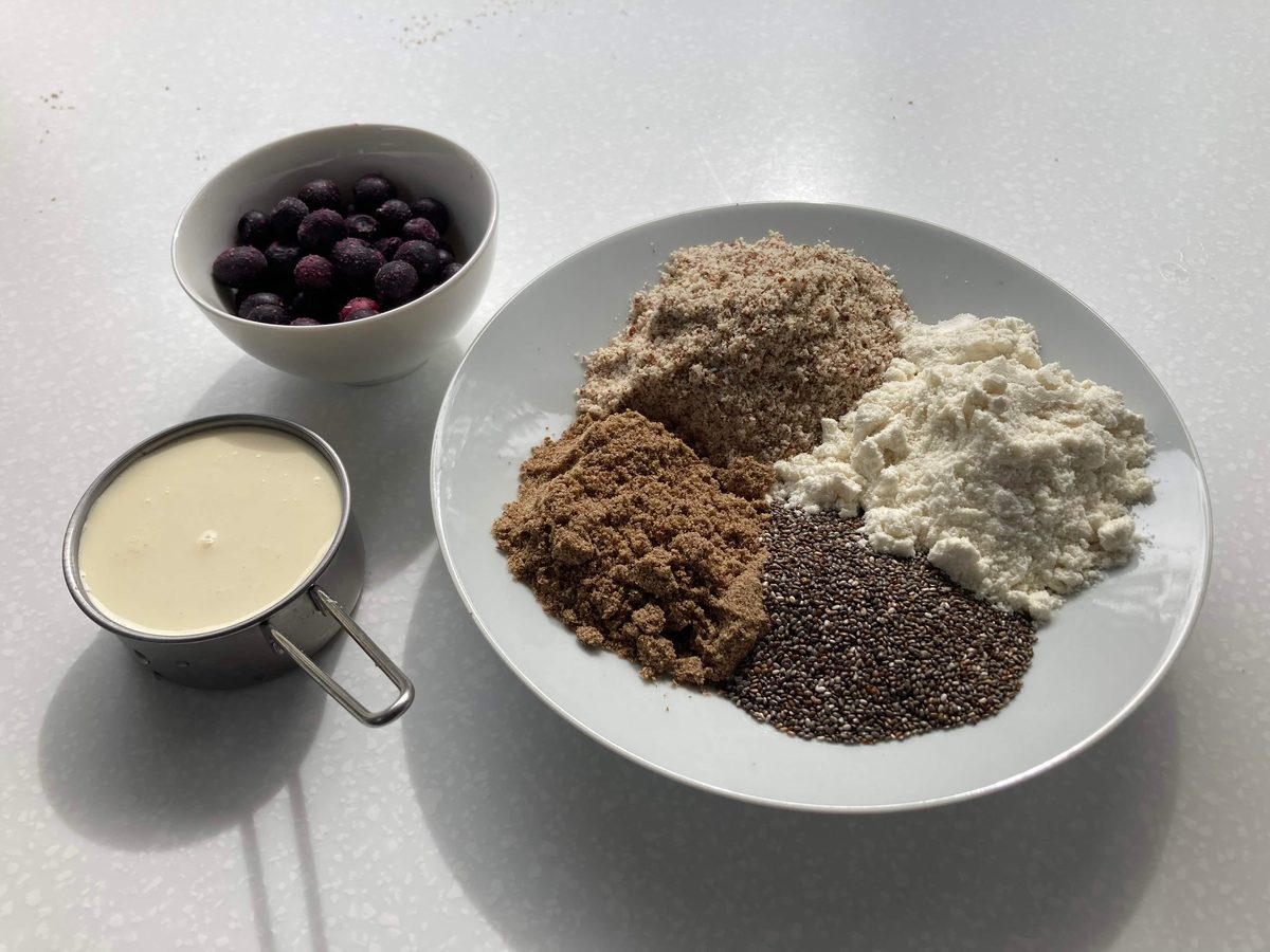 keto porridge with chia, almond, flaxseed, berries, etc