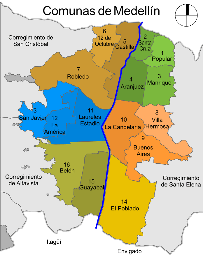 Map of Medellin comunas (neighbourhoods) including Poblado, Laureles, Envigado