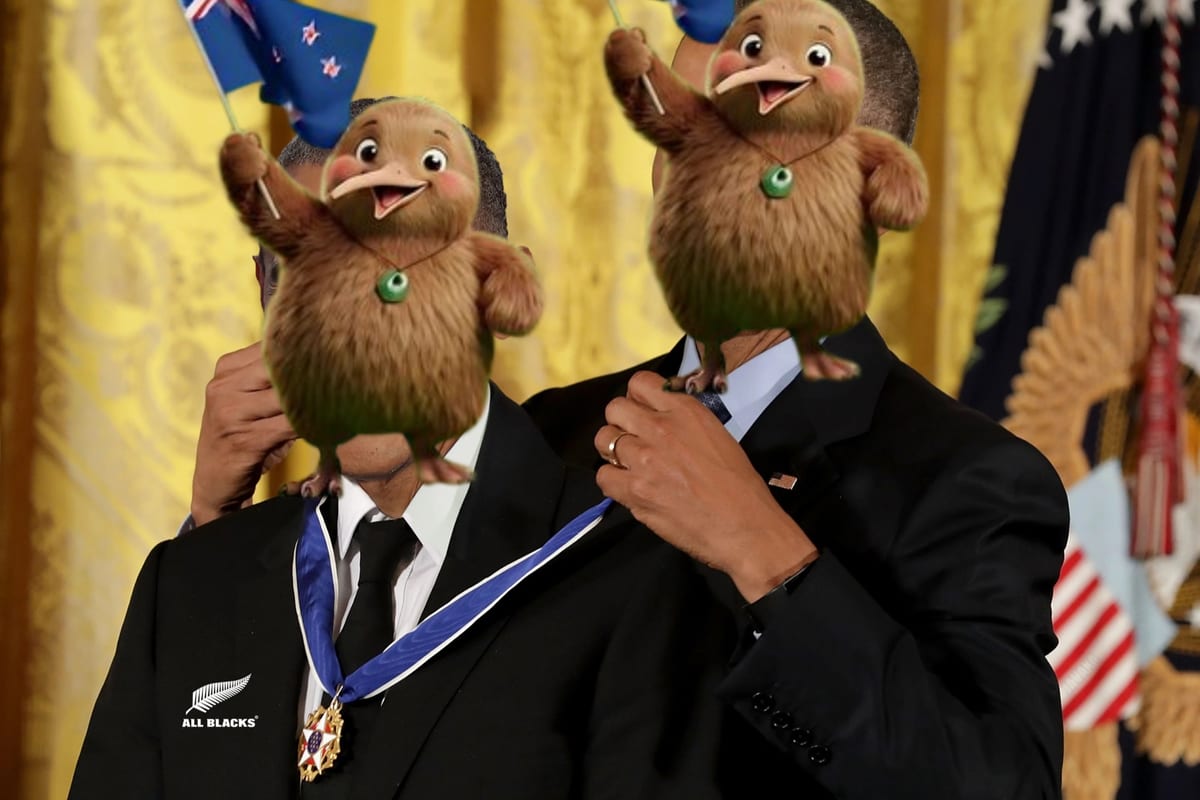 New Zealand awarding itself a medal: two kiwi birds in place of the recipients' heads, waving New Zealand flags