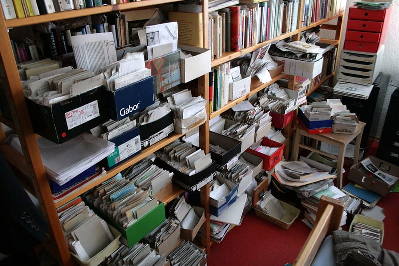 A physical example of the zettelkasten, with several slip-boxes full of index cards