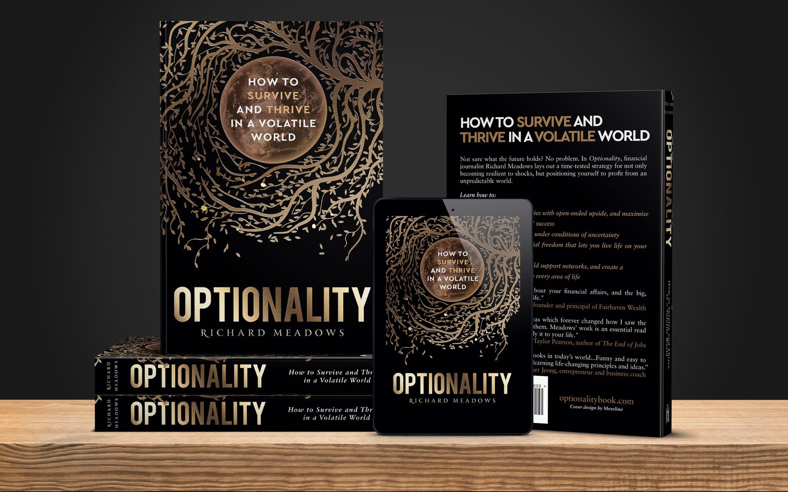 Optionality book stack with Kindle e-reader