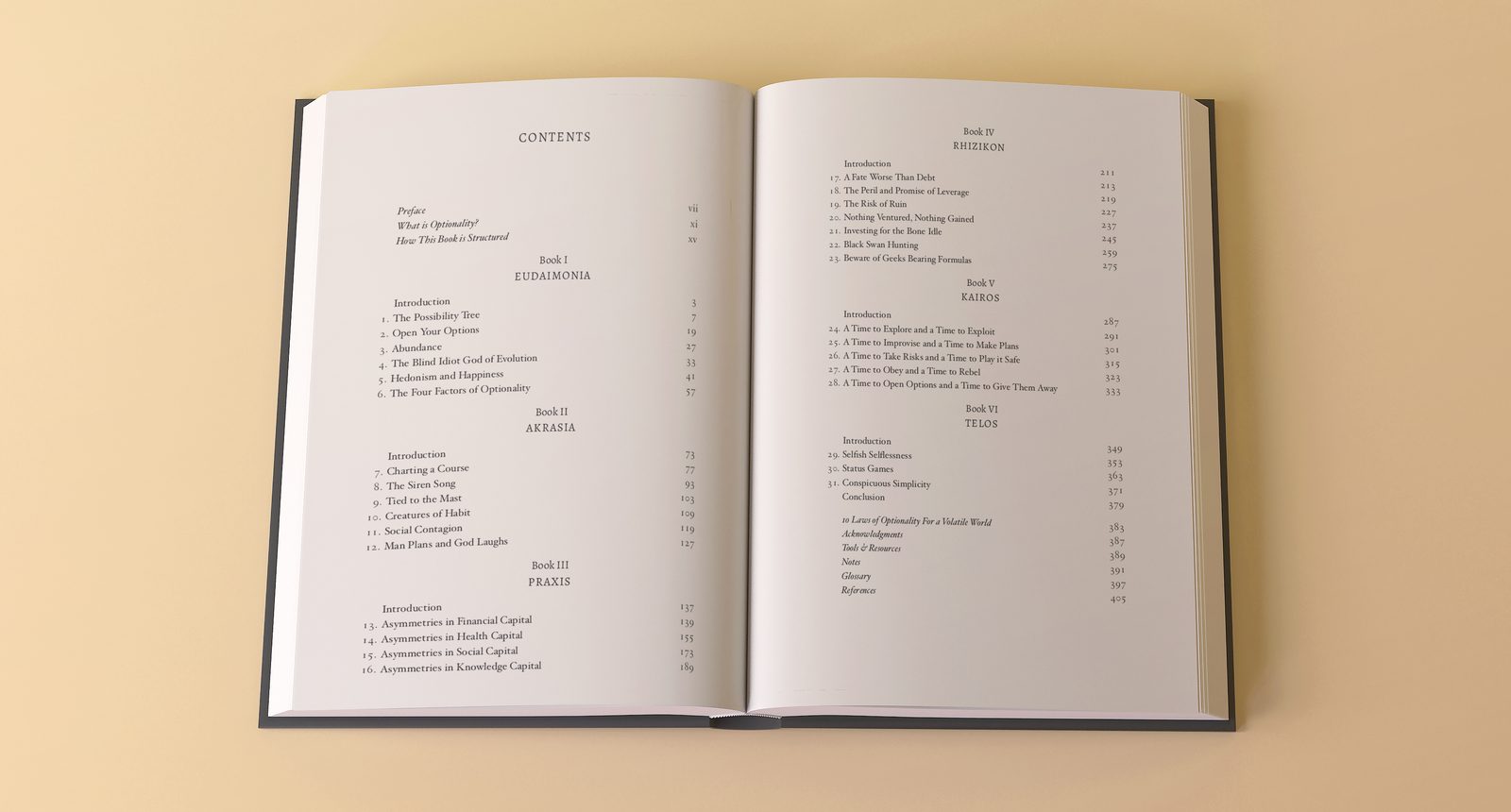 Open spread of the Optionality book showing the table of contents