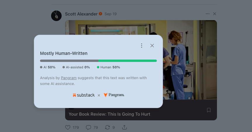 Substack's Pangram popup on Scott Alexander's post 'Your Book Review: This Is Going To Hurt', reading 'Mostly Human-Written': AI 50%, AI-assisted 0%, Human 50%