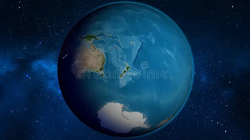 The Earth from space centred on New Zealand: nothing but ocean in every direction, with Australia to the west and Antarctica to the south